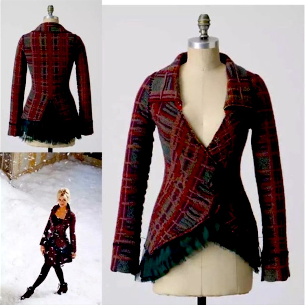 ANTHROPOLOGIE SPARROW Cascading Tulle Cardigan Christmas plaid sweater wrap wool